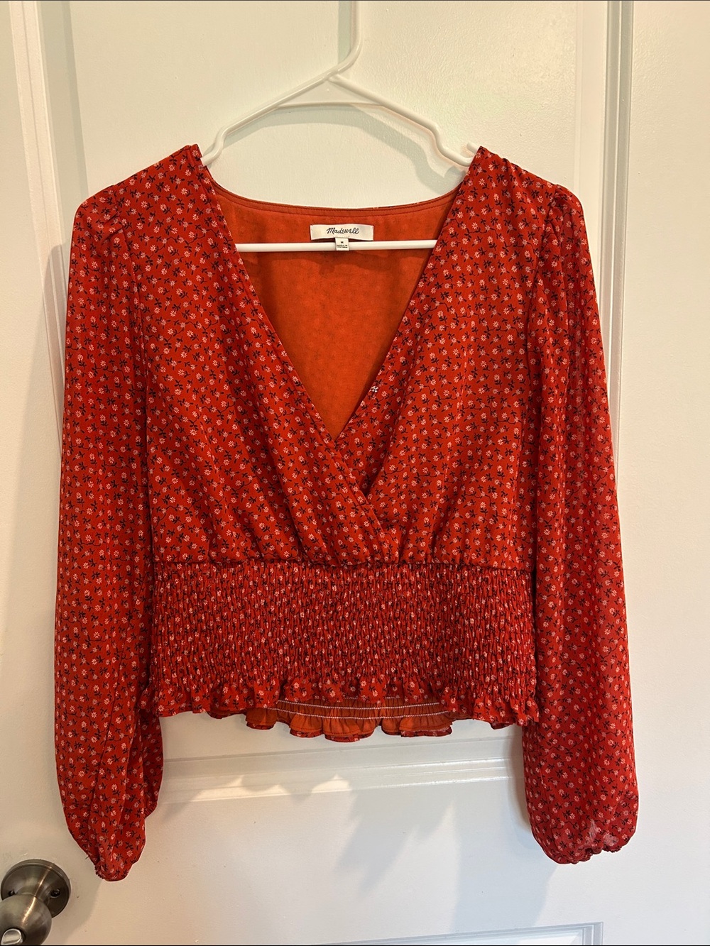 Madewell Red Floral Smocked Hem V-Neck Blouse